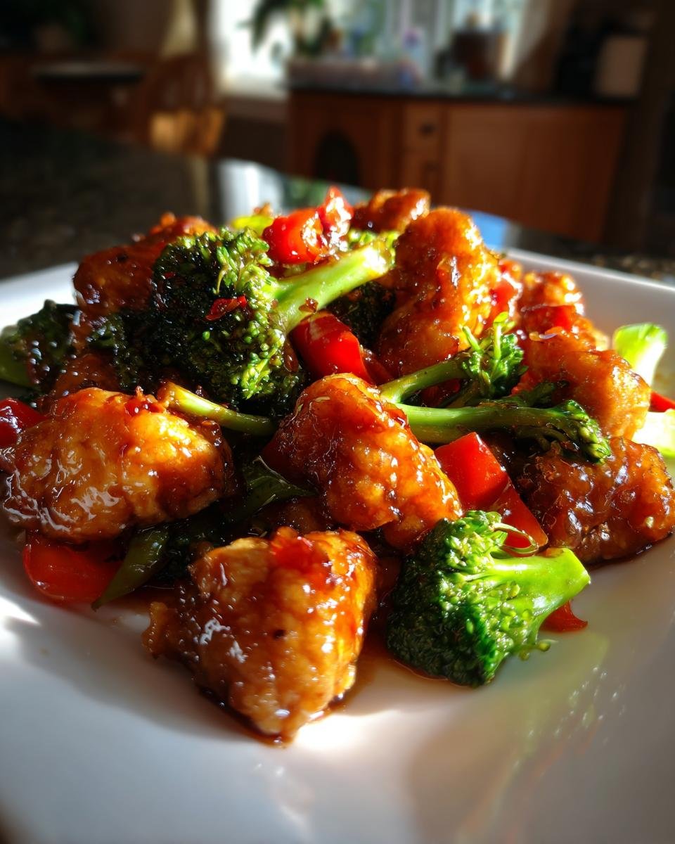Close-up of glistening, saucy pieces of Spicy Ginger Chicken mixed with bright green broccoli florets on a white plate.