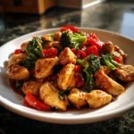 A close-up of tender pieces of Spicy Ginger Chicken coated in sauce, mixed with bright red peppers and green broccoli florets.