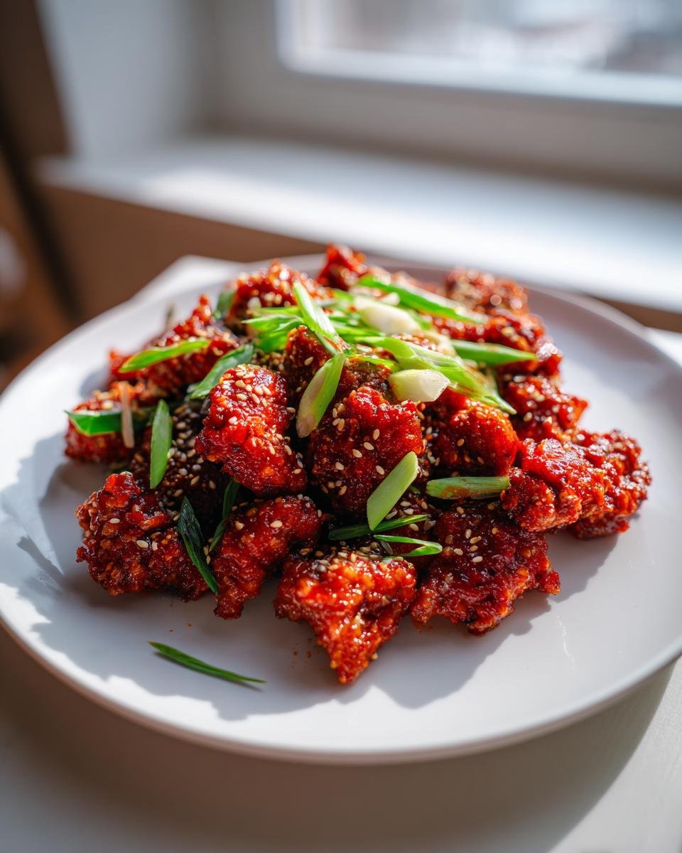 A plate piled high with bright red, glazed Spicy Gochujang Chicken pieces, garnished with sesame seeds and sliced green onions.