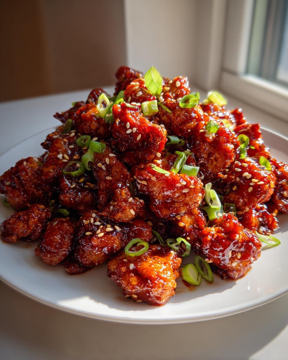 A mound of sticky, glazed Spicy Gochujang Chicken pieces garnished with sesame seeds and green onions.