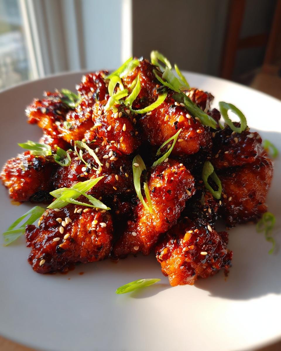 A plate piled high with glossy, dark red pieces of Spicy Gochujang Chicken, garnished with sliced green onions and sesame seeds.