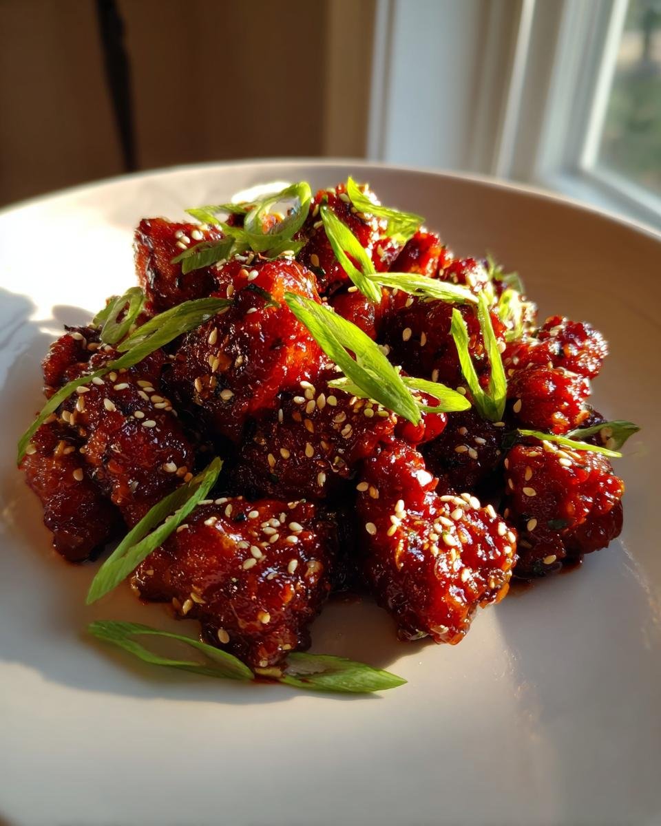 Close-up of glossy, dark red Spicy Gochujang Chicken pieces topped with sesame seeds and sliced green onions.