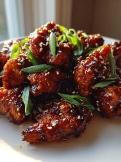 Close-up of sticky, glazed Spicy Gochujang Chicken pieces topped with sesame seeds and green onions.