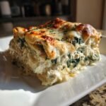A close-up, appetizing slice of Spinach Lasagna With Ricotta, featuring layers of creamy filling and browned cheese topping.