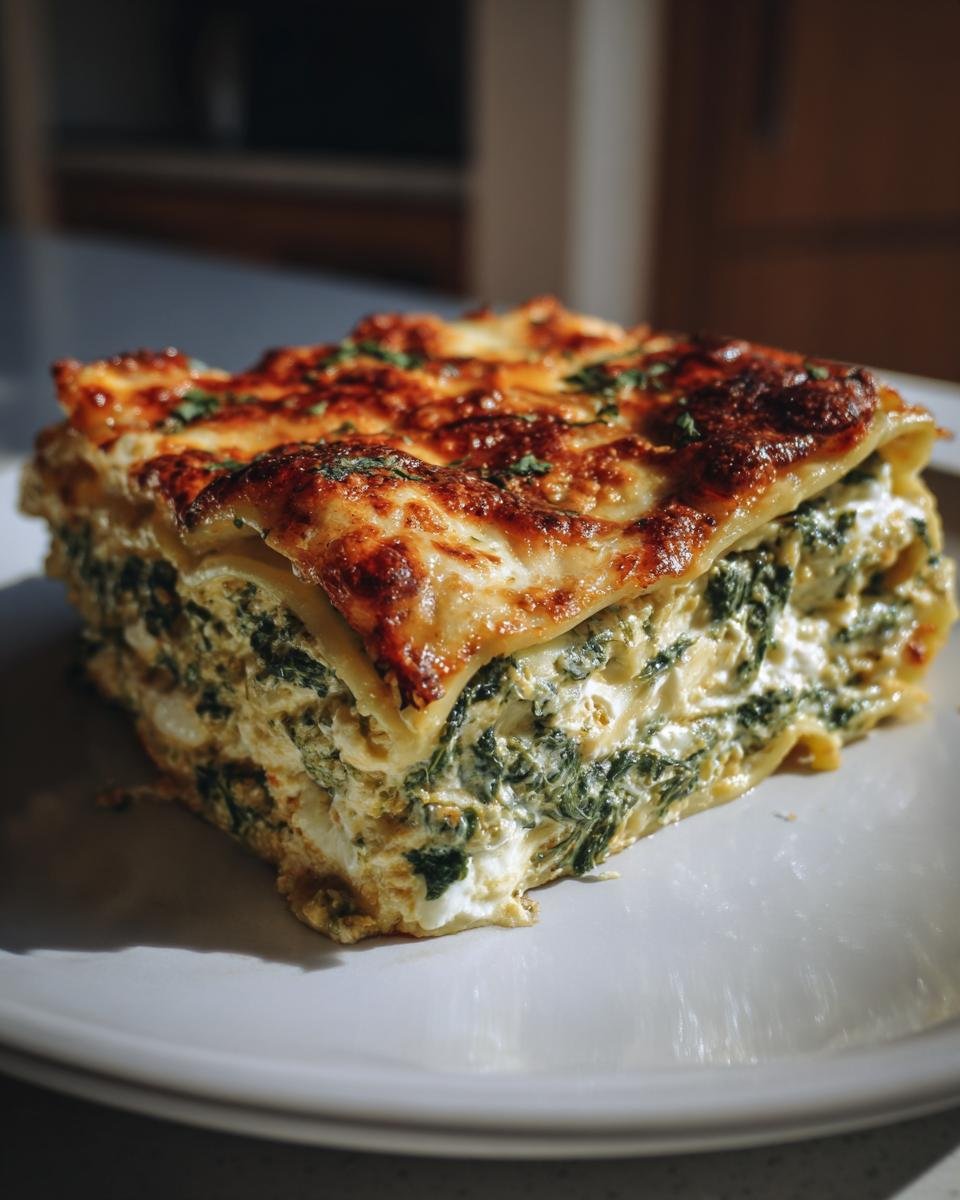 A close-up of a thick, layered slice of Spinach Lasagna With Ricotta, featuring a browned, cheesy top.