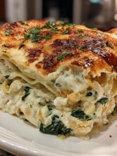 A close-up of a thick, cheesy slice of Spinach Lasagna With Ricotta topped with browned cheese and parsley.
