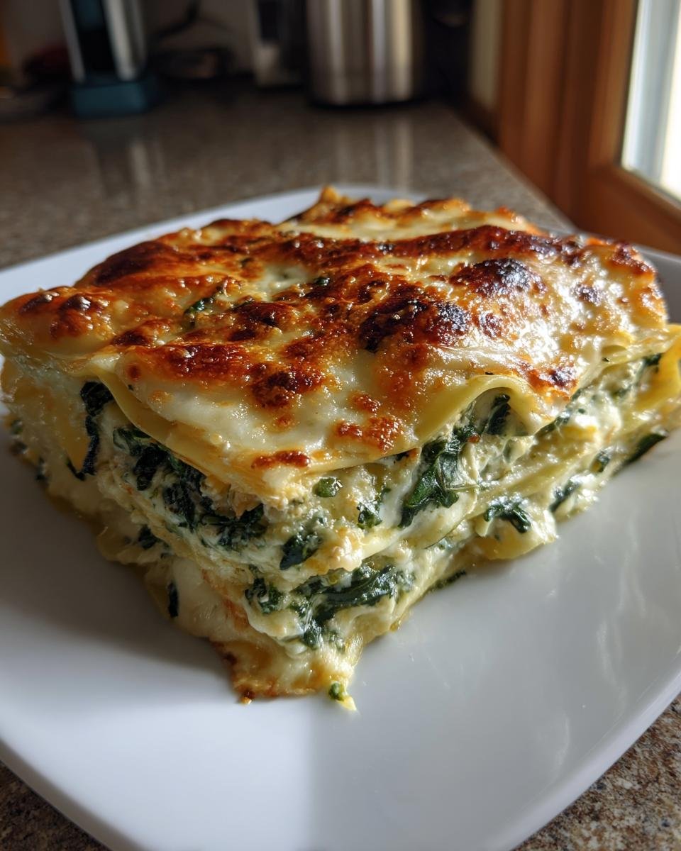 A thick, cheesy slice of Spinach Lasagna With Ricotta showing layers of pasta, spinach, and creamy filling, with a golden, bubbly top.