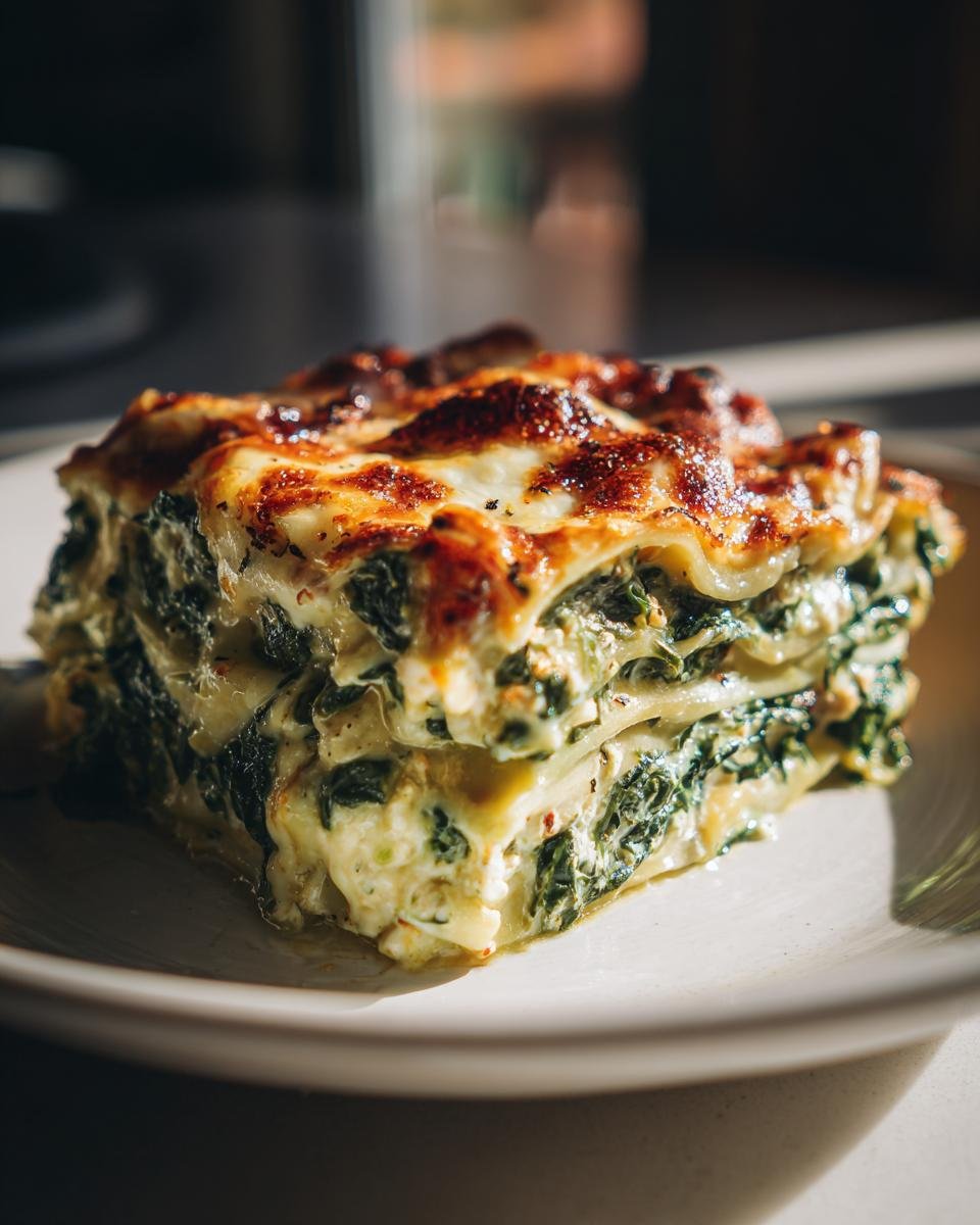 A close-up, appetizing slice of Spinach Lasagna With Ricotta showing layers of pasta, creamy ricotta, and dark green spinach.