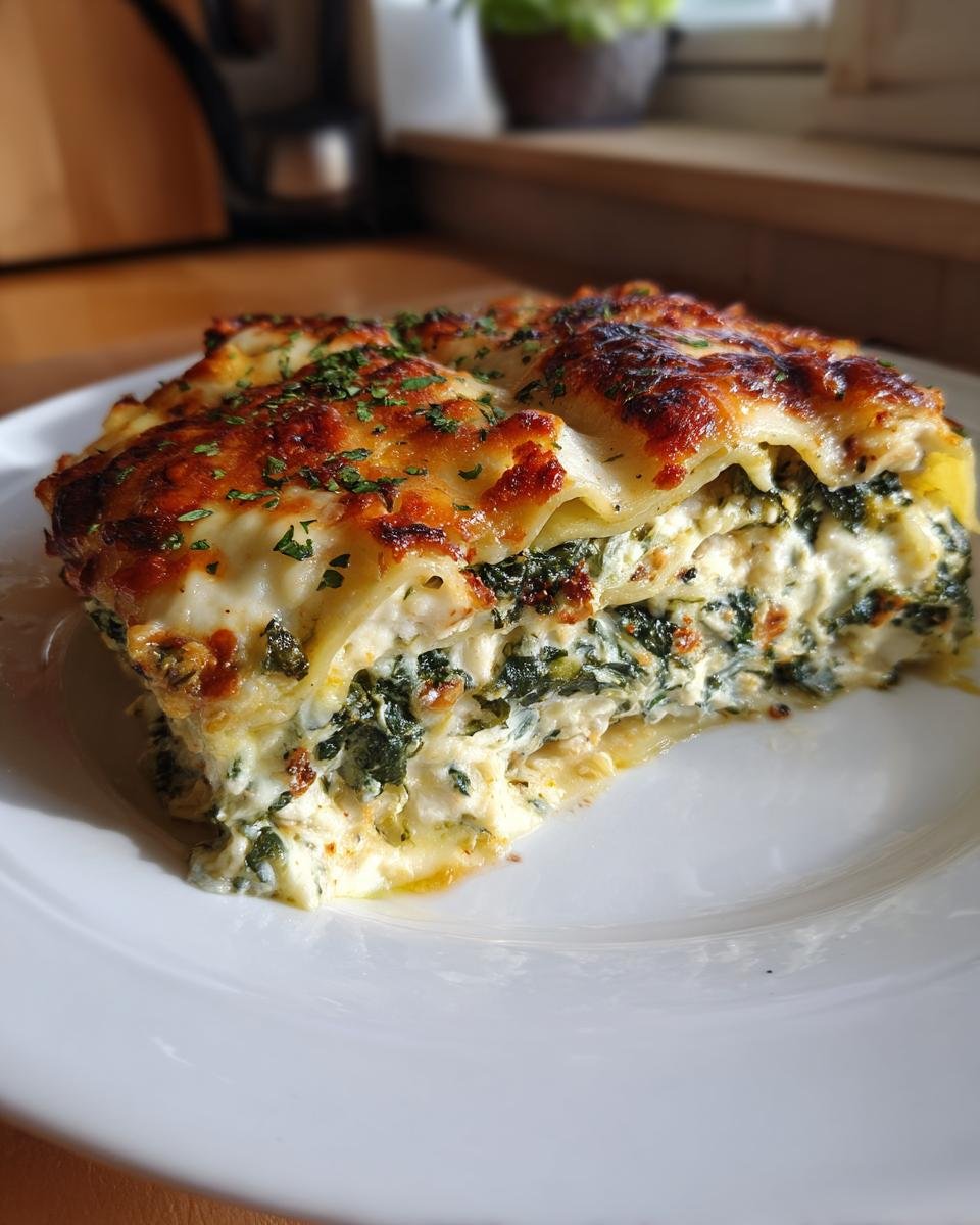 A close-up slice of baked Spinach Lasagna With Ricotta showing layers of pasta, creamy ricotta, and spinach filling.