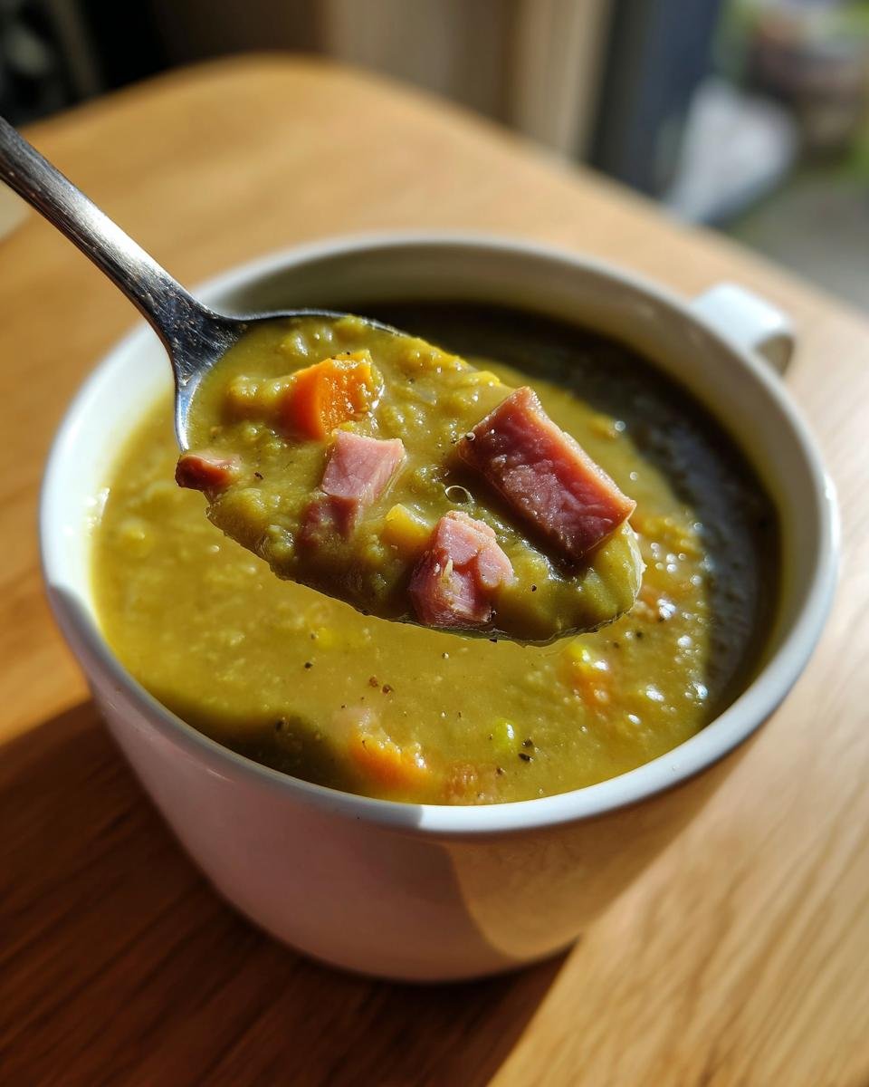 A spoonful of thick Slow Cooker Split Pea Soup featuring ham chunks and carrots being lifted from a white mug.