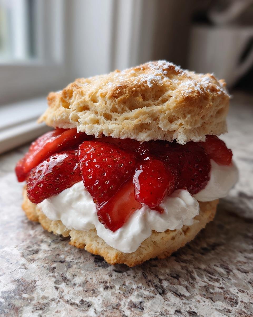 A single serving of Strawberry Shortcake featuring a golden biscuit, whipped cream, and sliced strawberries dusted with powdered sugar.