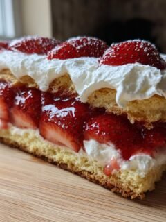 A generous slice of layered Strawberry Shortcake featuring sponge cake, macerated strawberries, and whipped cream.
