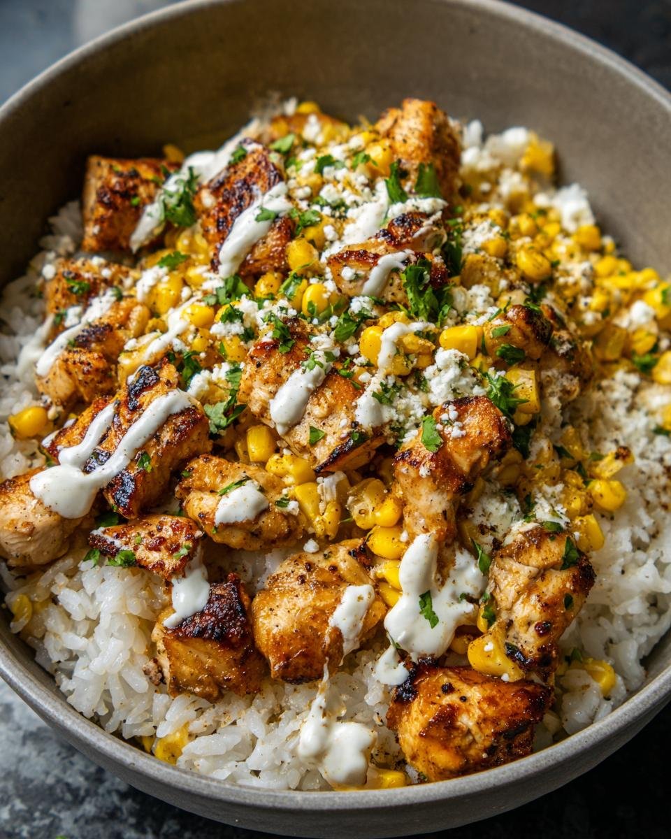 Close-up of a delicious Street Corn Chicken Rice Bowl featuring grilled chicken, corn, cotija cheese, and a white sauce drizzle.