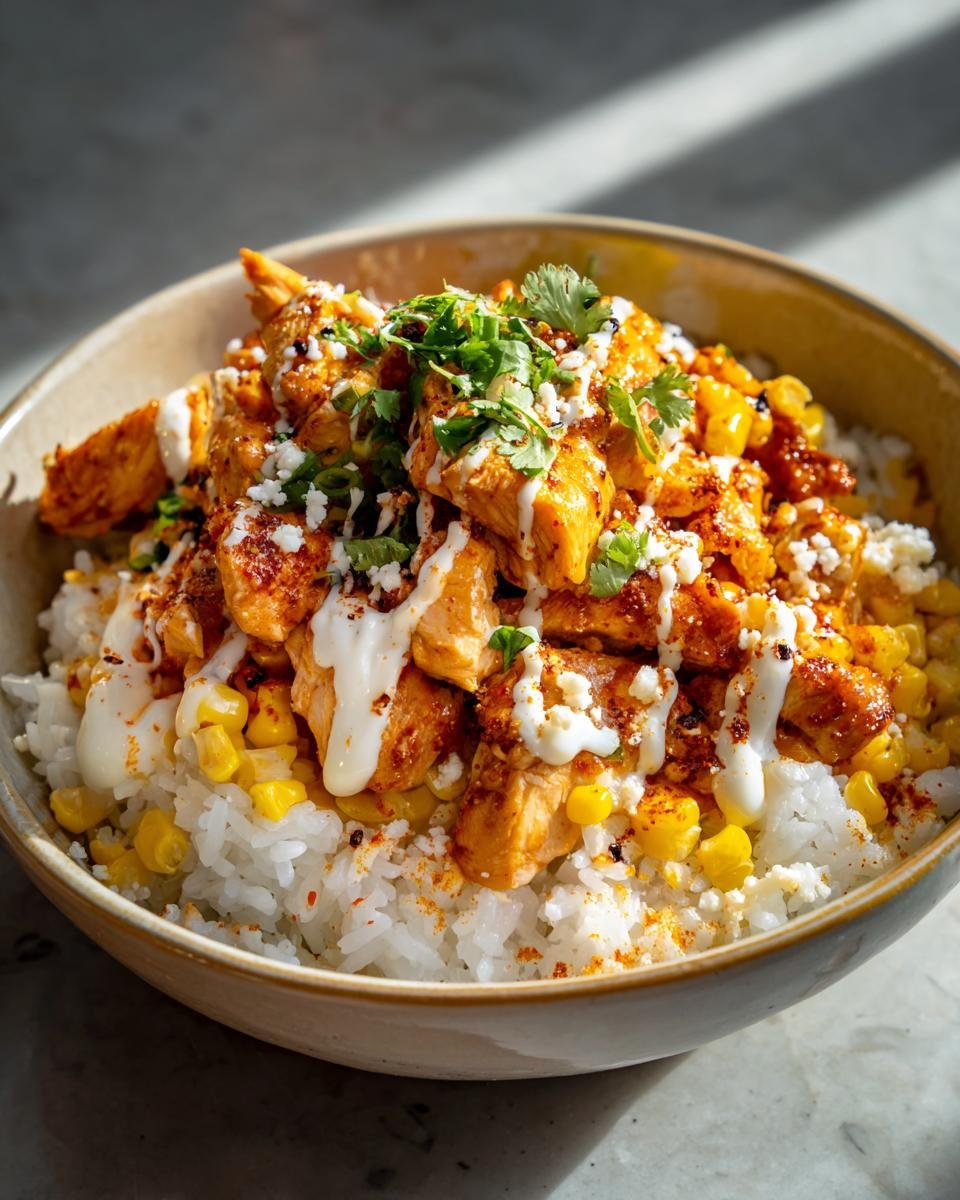 A close-up of a delicious Street Corn Chicken Rice Bowl topped with creamy sauce and cilantro.