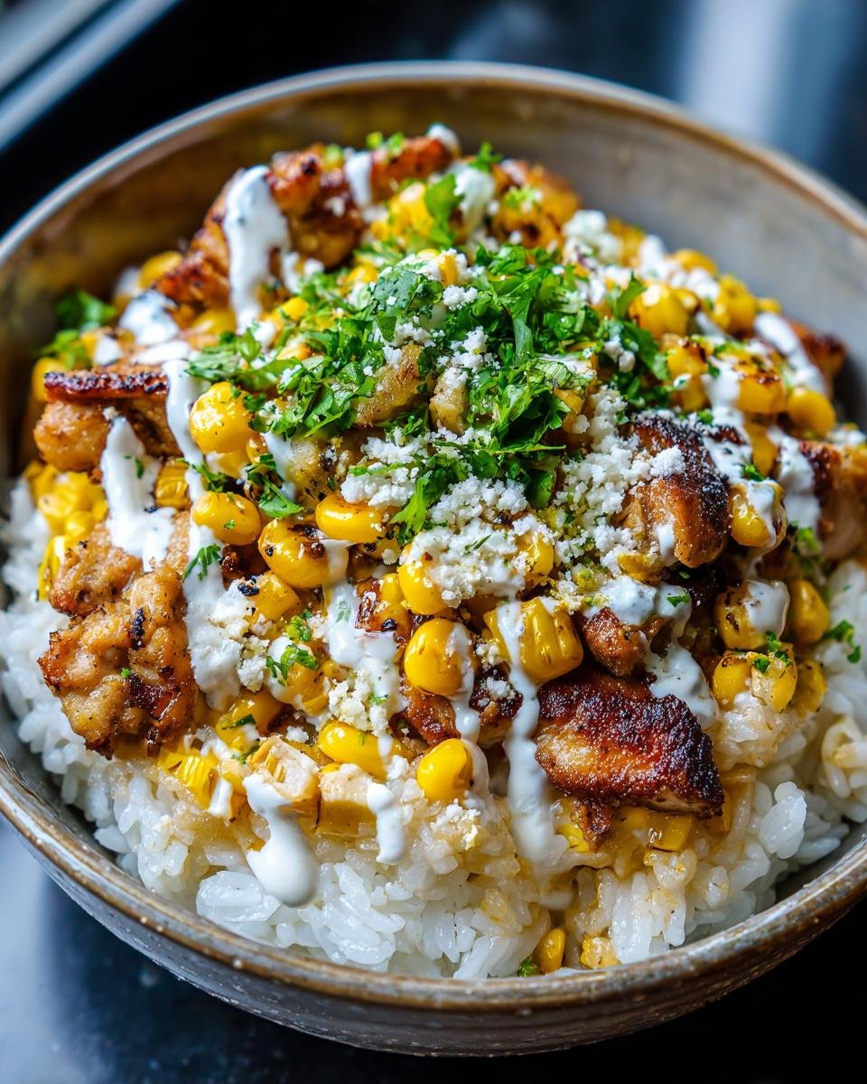 Close-up of a vibrant Street Corn Chicken Rice Bowl featuring grilled chicken, roasted corn, cotija cheese, and creamy drizzle over white rice.