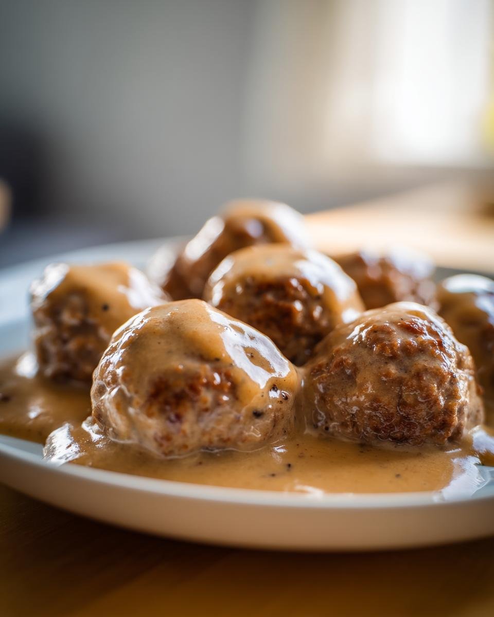 A close-up shot of several perfectly browned Swedish meatballs with gravy generously coating them on a white plate.