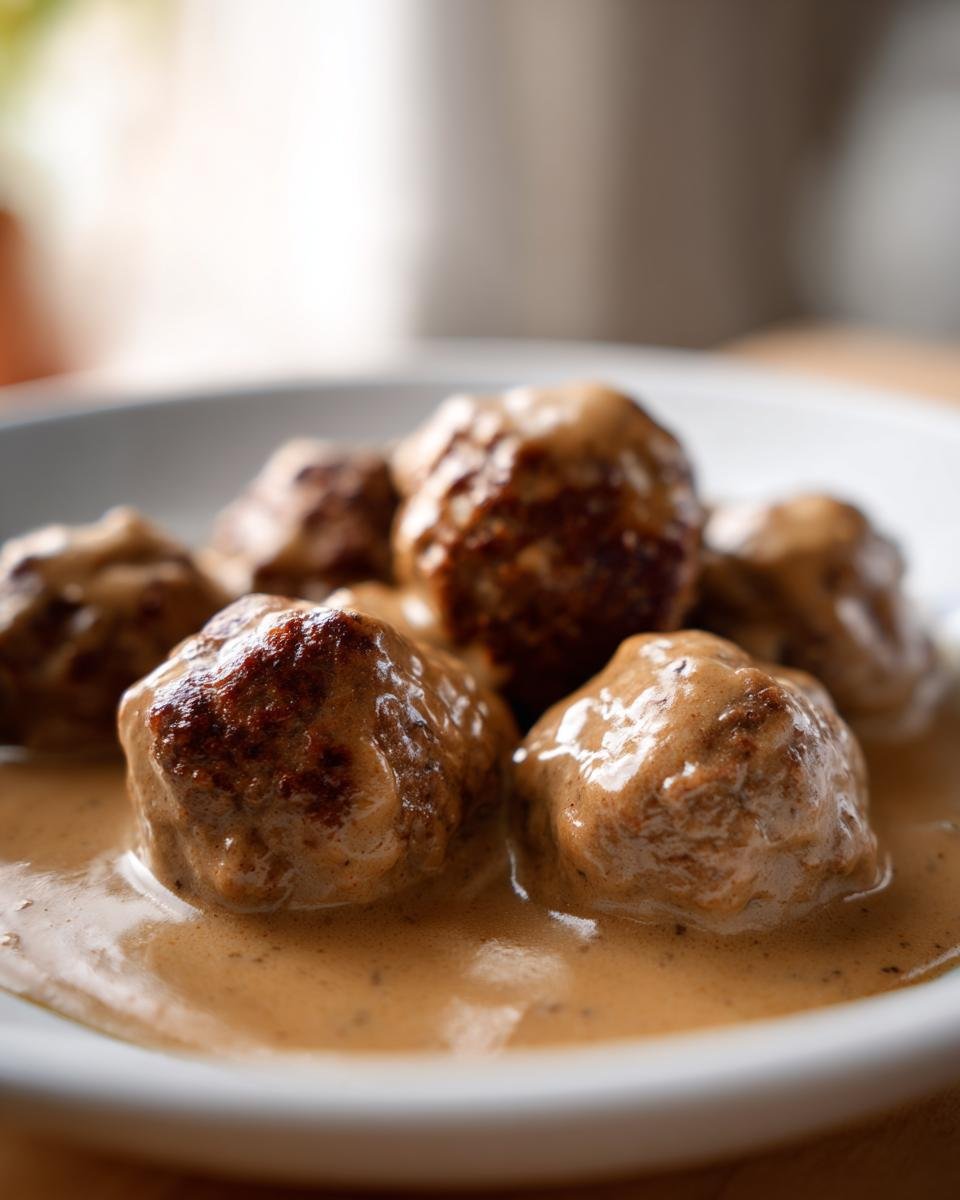 Close-up of several browned Swedish meatballs generously coated in creamy brown gravy.