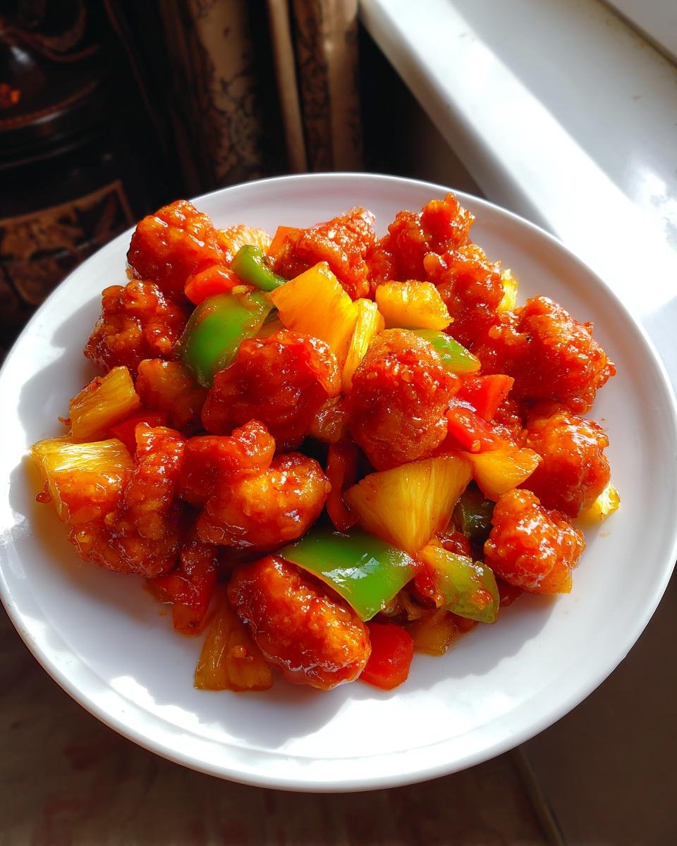 Close-up of Sweet And Sour Chicken With Pineapple chunks coated in bright red sauce on a white plate.