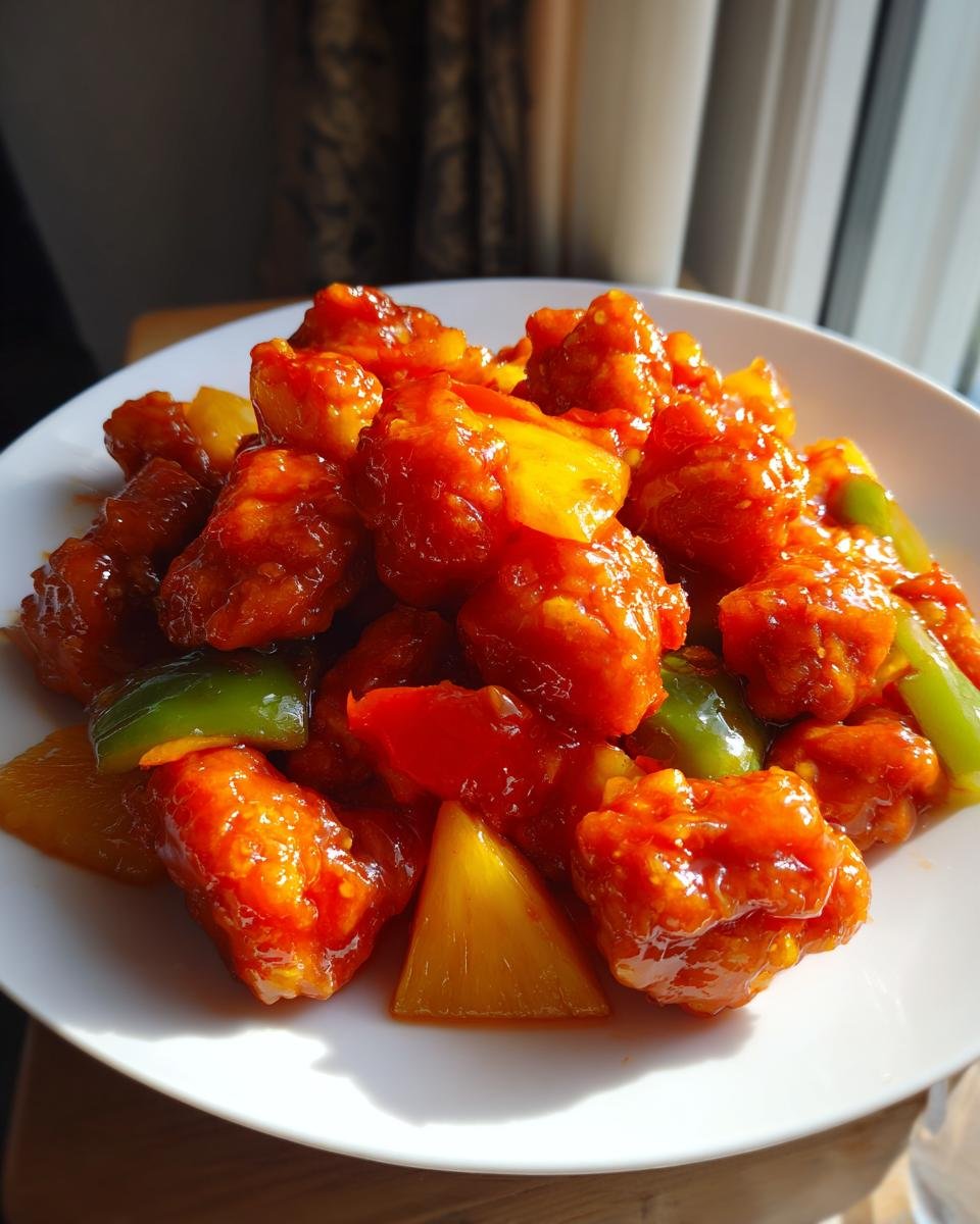 A vibrant close-up of Sweet And Sour Chicken With Pineapple chunks coated in bright red sauce, mixed with pineapple and bell peppers.
