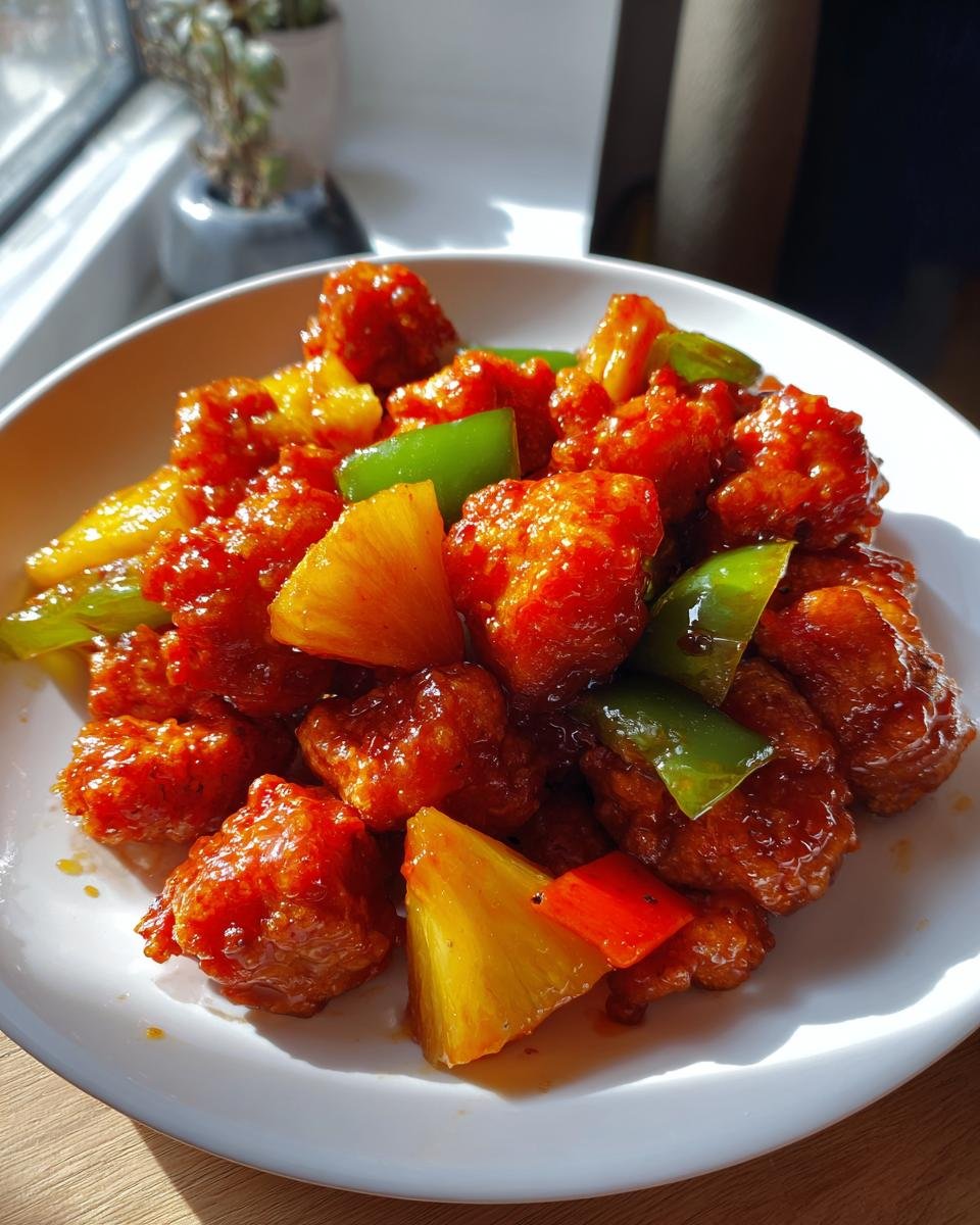 A close-up shot of glossy, red-coated Sweet And Sour Chicken With Pineapple chunks and green peppers on a white plate.