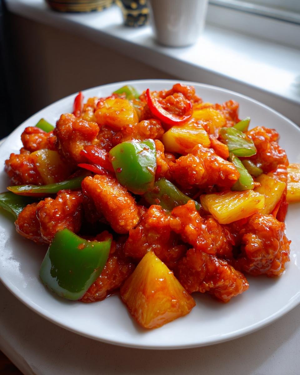 A close-up of vibrant Sweet And Sour Chicken With Pineapple served on a white plate.