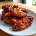 Close-up of several glistening Sweet And Spicy Chicken Wings coated in a dark, sticky glaze on a white plate.