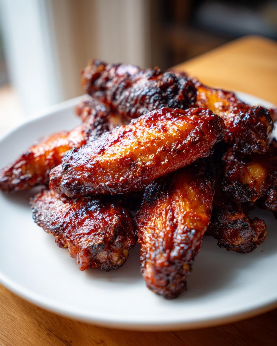 Close-up of glossy, caramelized Sweet And Spicy Chicken Wings piled on a white plate.