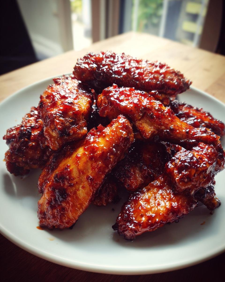 A mound of sticky, glazed Sweet And Spicy Chicken Wings piled high on a white plate.