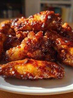 A pile of glossy, caramelized Sweet And Spicy Chicken Wings coated in a dark glaze on a white plate.