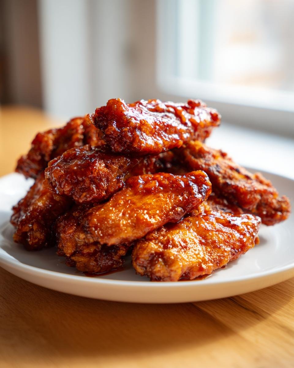 A close-up of a pile of glossy, glazed Sweet And Spicy Chicken Wings served on a white plate.