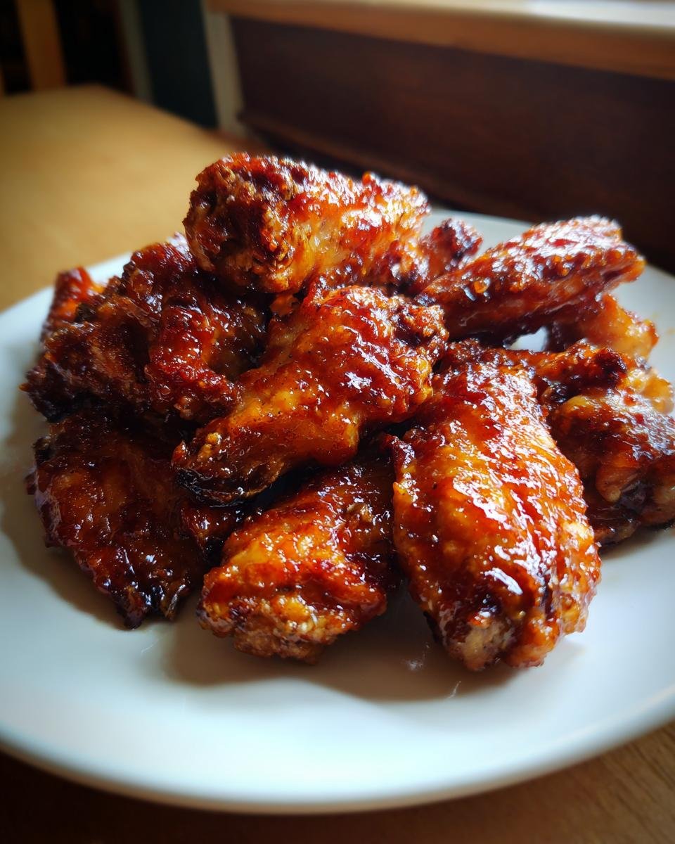 A close-up of a pile of glossy, caramelized Sweet And Spicy Chicken Wings stacked on a white plate.