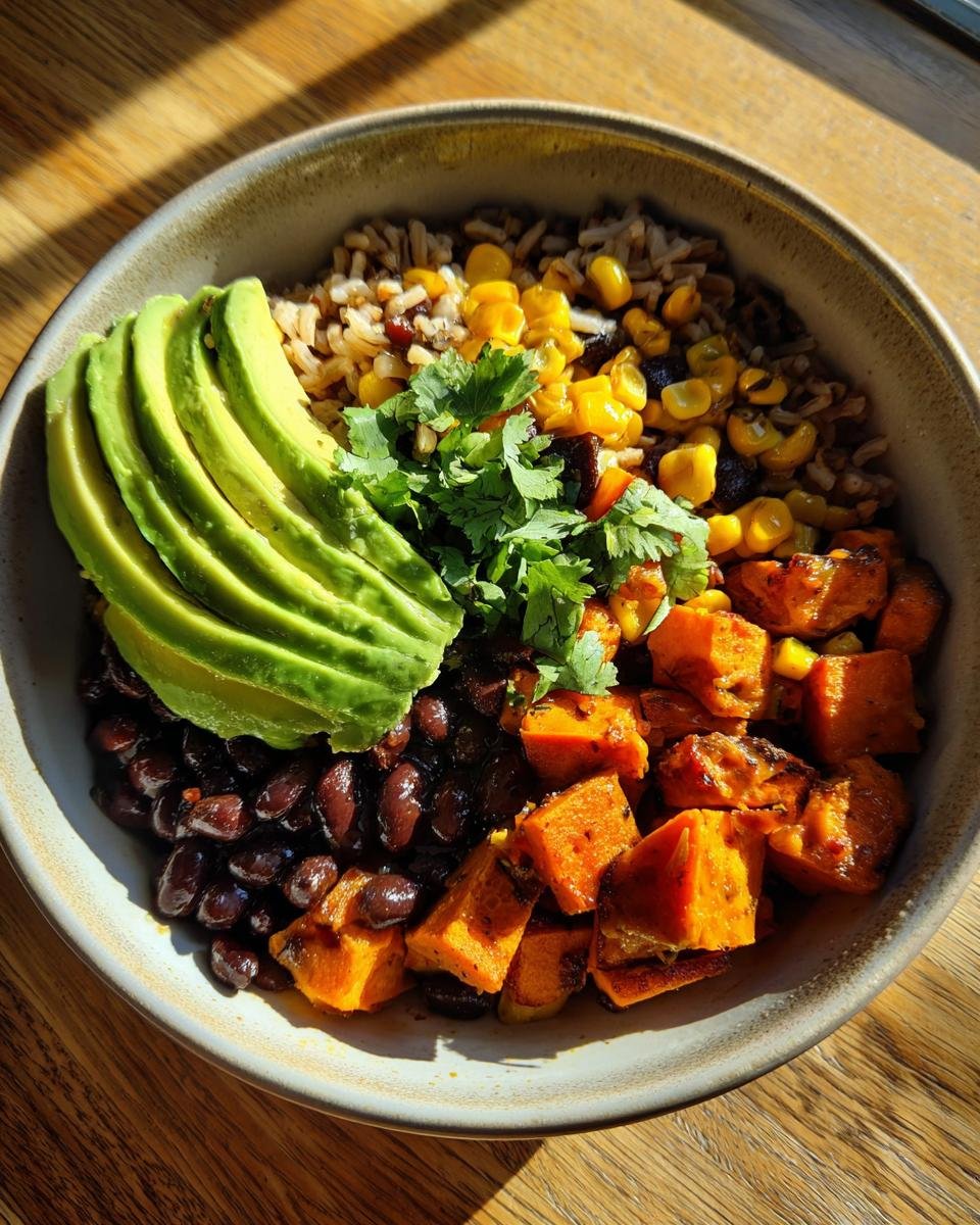 A vibrant Sweet Potato Burrito Bowl featuring sliced avocado, black beans, roasted sweet potatoes, corn, and cilantro.