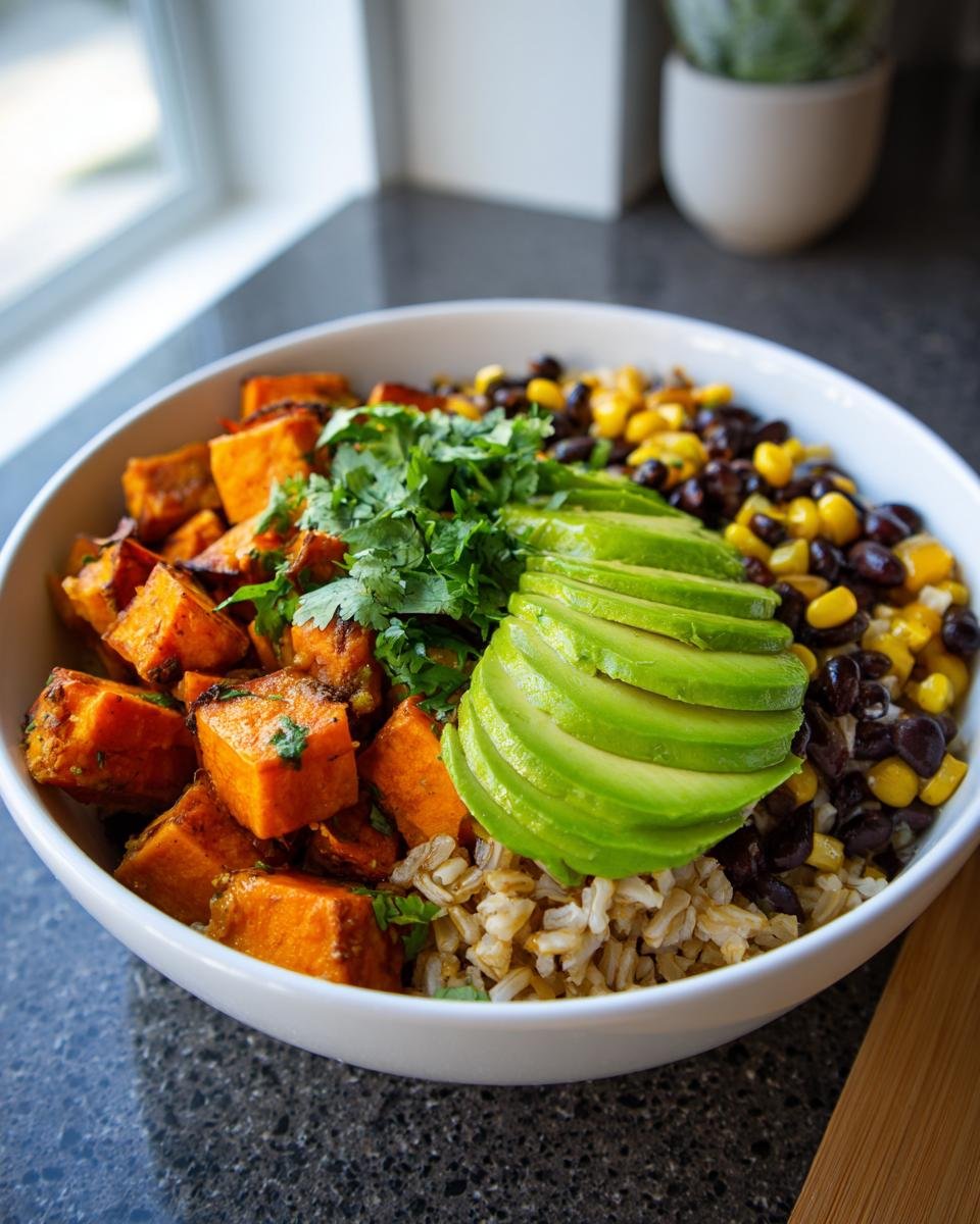 Close-up of a colorful Sweet Potato Burrito Bowl featuring seasoned sweet potato cubes, sliced avocado, black beans, corn, and cilantro over brown rice.