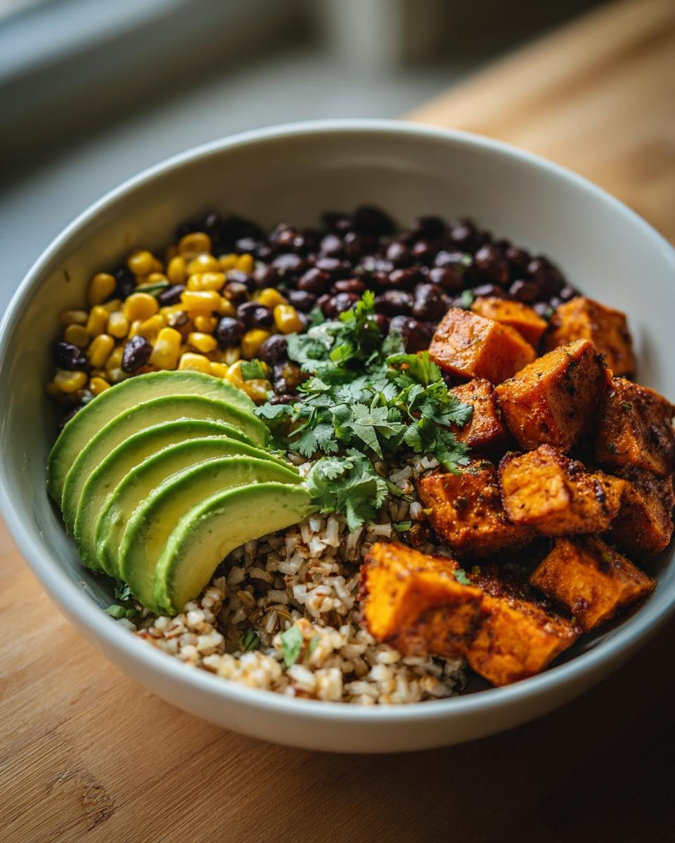 A vibrant Sweet Potato Burrito Bowl featuring seasoned sweet potato cubes, avocado slices, black beans, corn, and cilantro over brown rice.