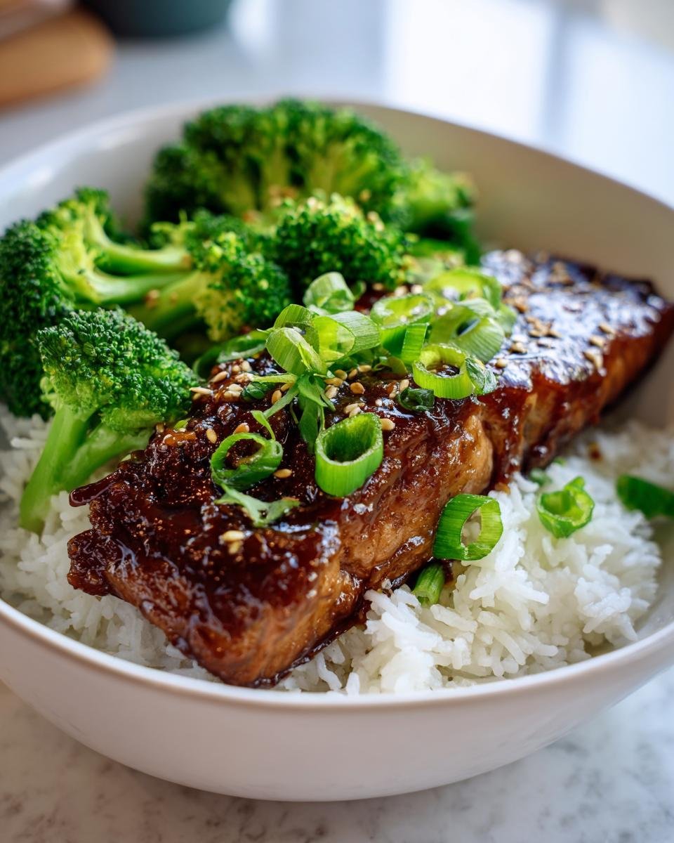 A close-up of a Teriyaki Salmon Bowl featuring a glazed salmon fillet over white rice, served with bright green steamed broccoli and topped with sliced green onions and sesame seeds.