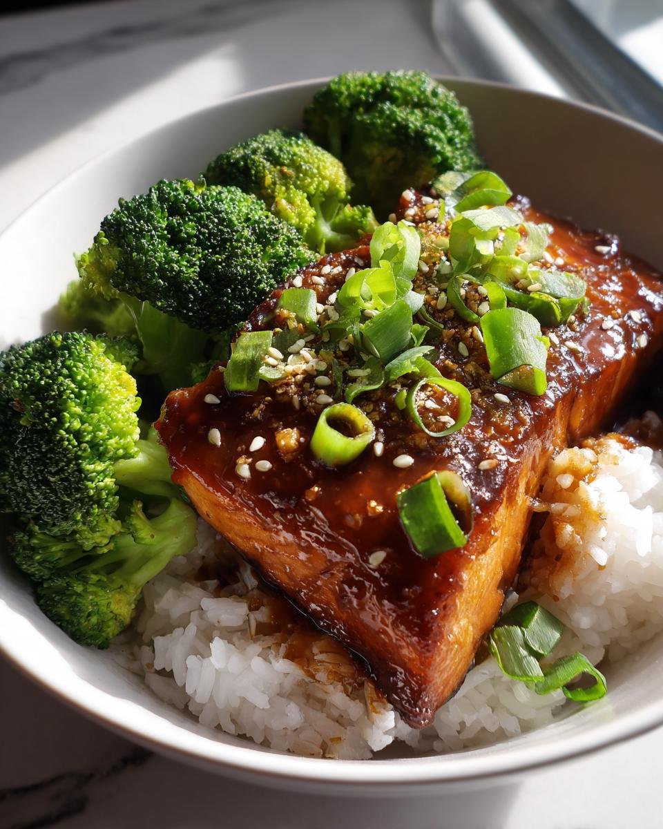 Close-up of a glistening, glazed salmon fillet served over white rice with steamed broccoli in a Teriyaki Salmon Bowl.