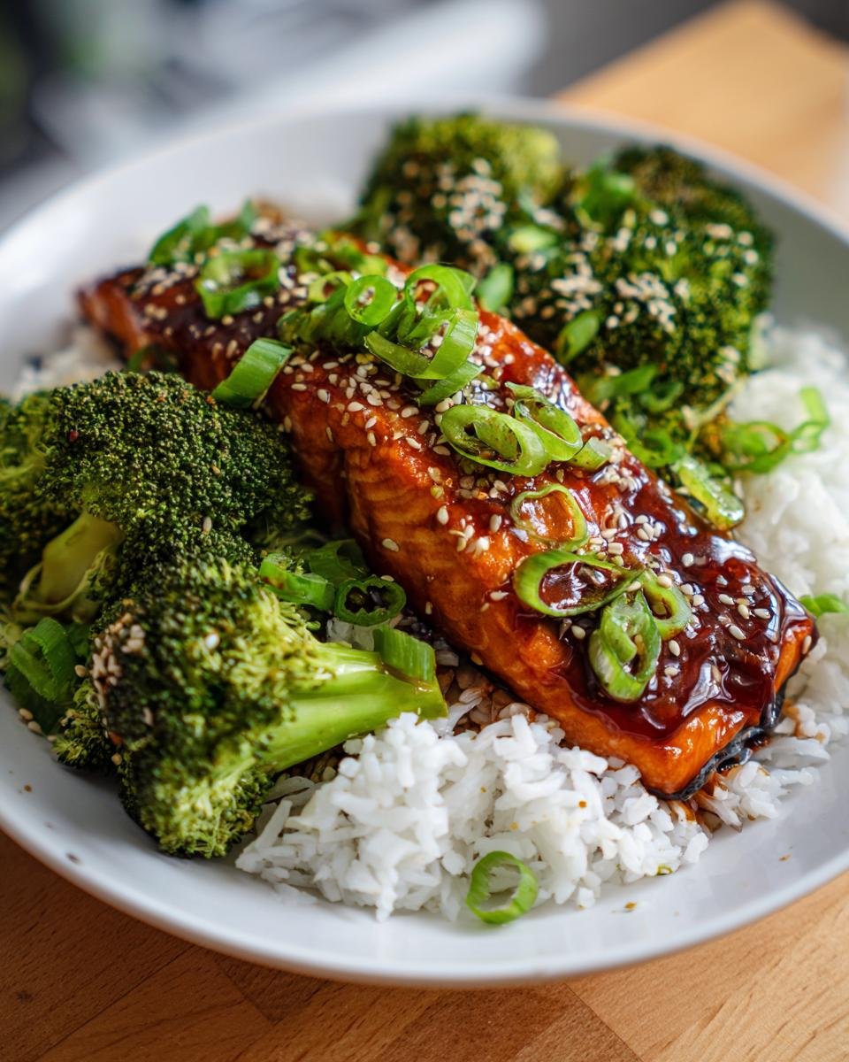 Close-up of a Teriyaki Salmon Bowl featuring glazed salmon over rice with broccoli and green onions.