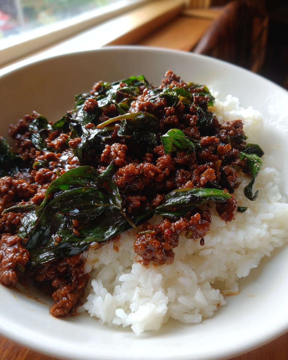 Close-up of a white bowl filled with fluffy white rice topped with rich, dark Thai Basil Chicken.