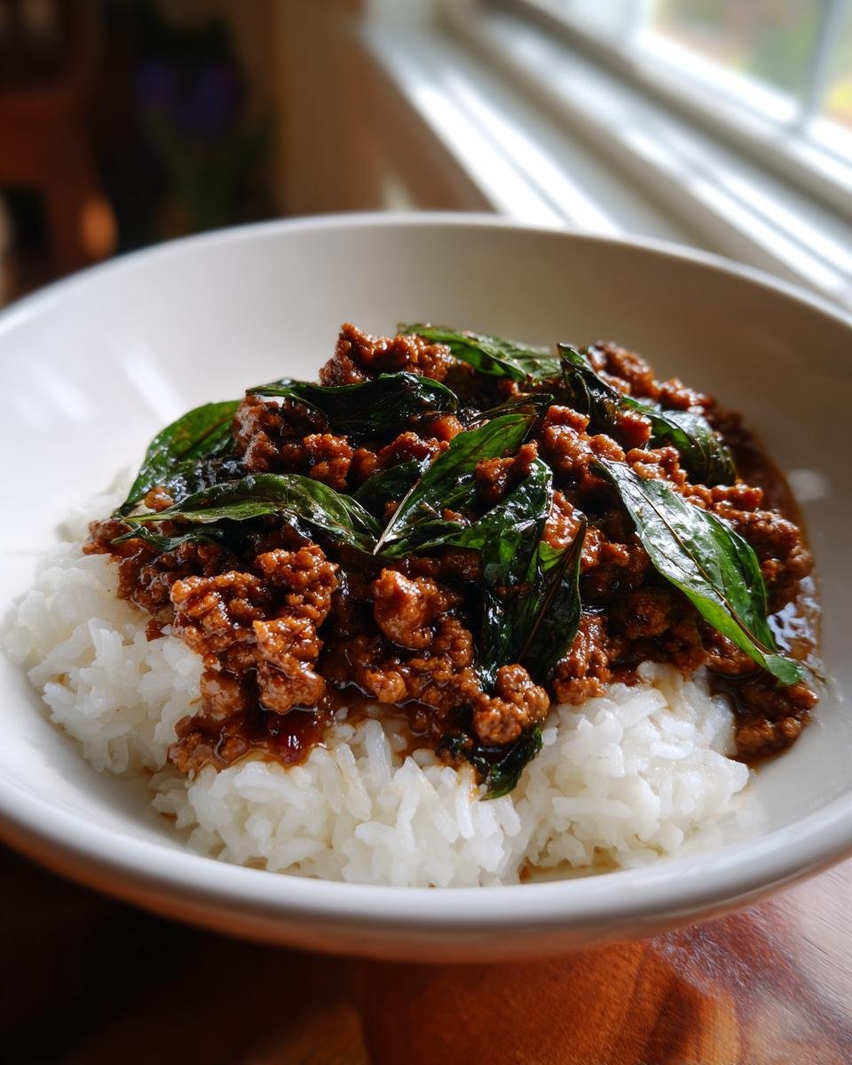 A close-up of flavorful Thai Basil Chicken served over a bed of fluffy white rice in a white bowl.