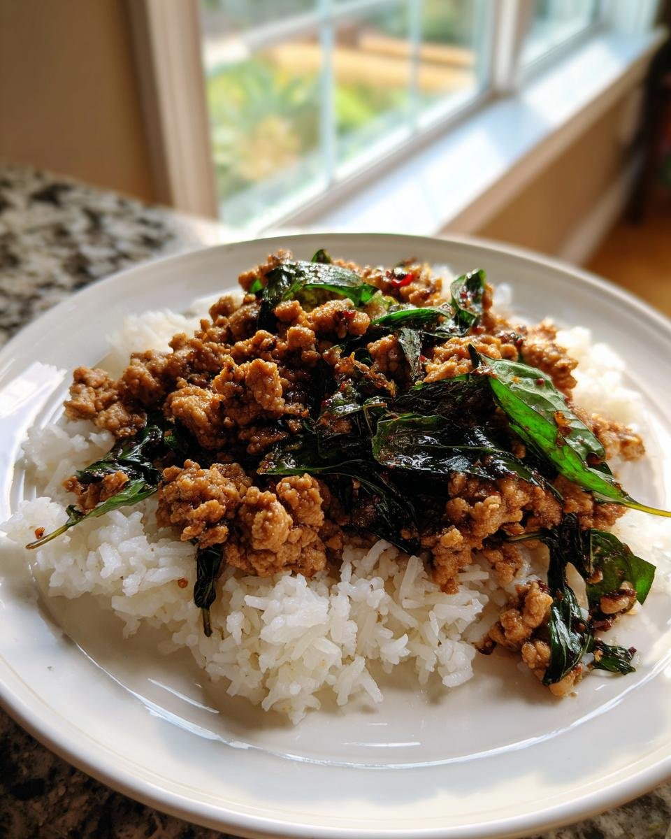 A plate featuring a generous serving of Thai Basil Chicken stir-fry served over fluffy white rice.