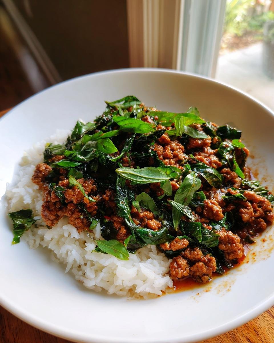 A close-up of flavorful Thai Basil Chicken served over a bed of fluffy white rice in a white bowl.