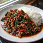A plate of savory Thai Basil Chicken stir-fry served next to a mound of white rice.