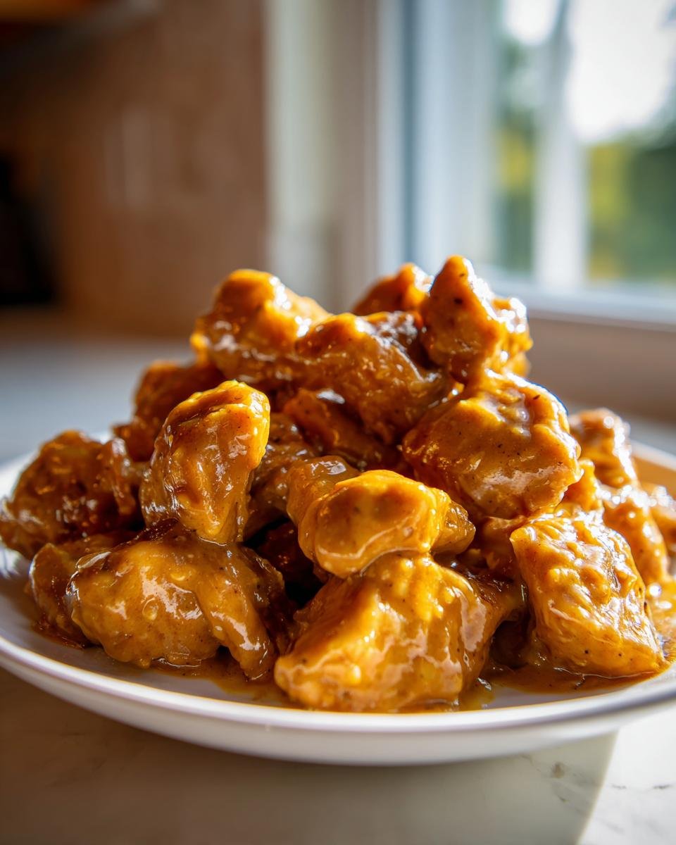Close-up of bite-sized pieces of Thai Peanut Chicken coated in a rich, savory peanut sauce.