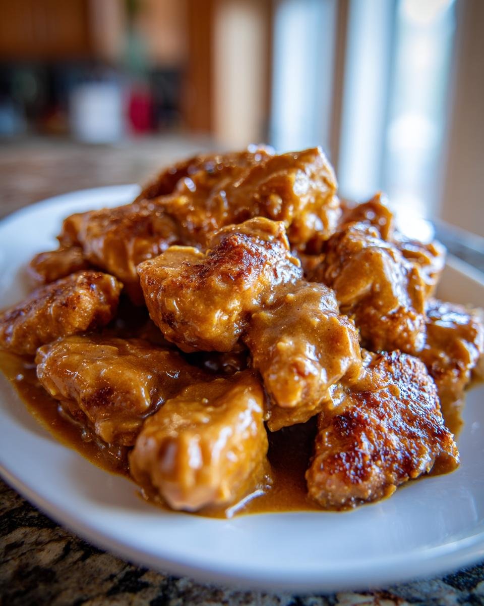Close-up of crispy chicken pieces generously coated in rich Thai Peanut Chicken sauce on a white plate.