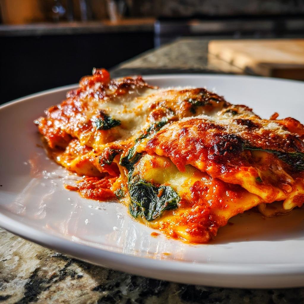Close-up of two servings of Tomato Spinach Ravioli Bake covered in bubbly, browned mozzarella cheese and rich tomato sauce.