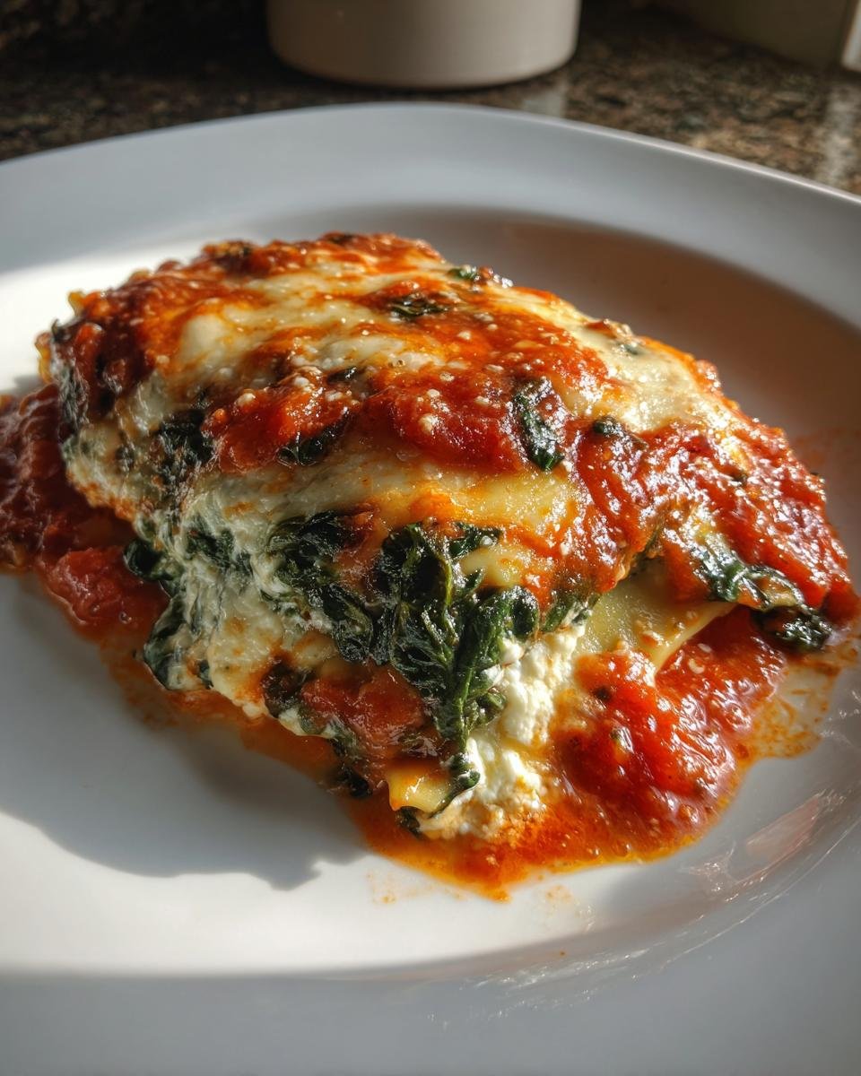 A close-up of a cheesy, saucy serving of Tomato Spinach Ravioli Bake on a white plate.