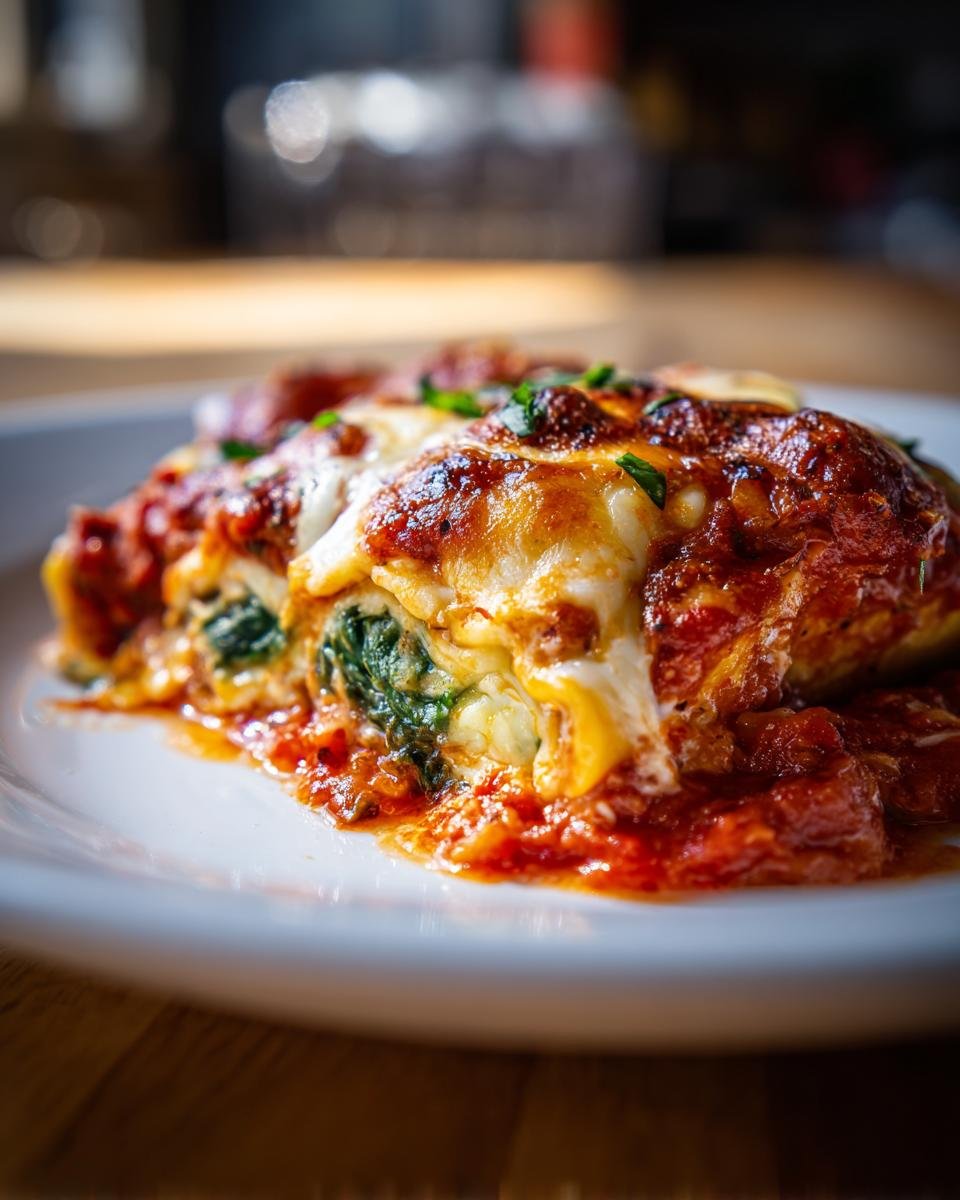 Close-up of a serving of Tomato Spinach Ravioli Bake covered in bubbling, melted cheese and rich tomato sauce.