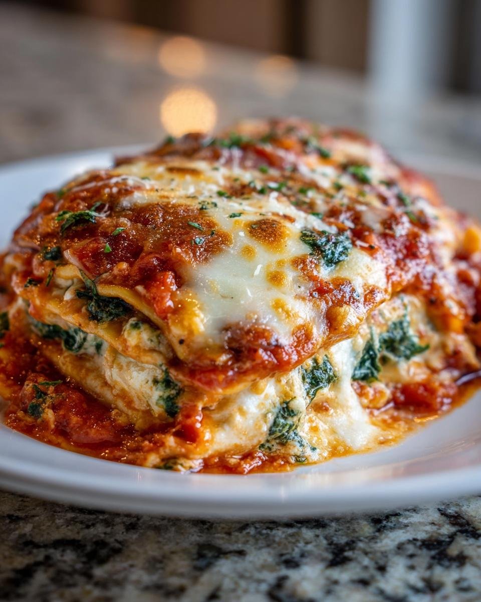 Close-up of a cheesy, baked slice of Tomato Spinach Ravioli Bake with melted mozzarella and tomato sauce.