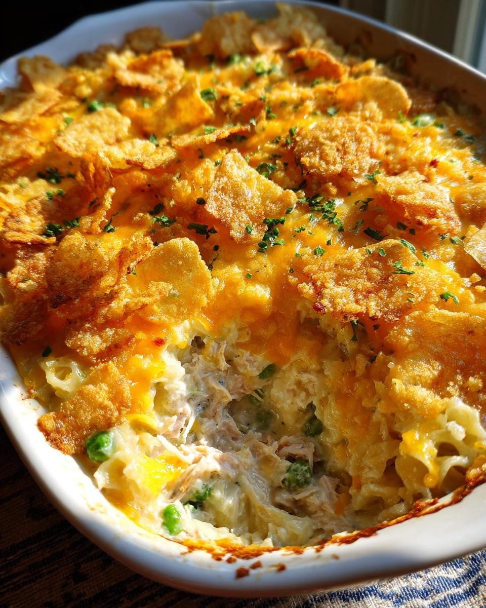 A scoop taken out of a baked Tuna Noodle Casserole showing creamy filling, tuna, peas, and a crunchy cornflake topping.