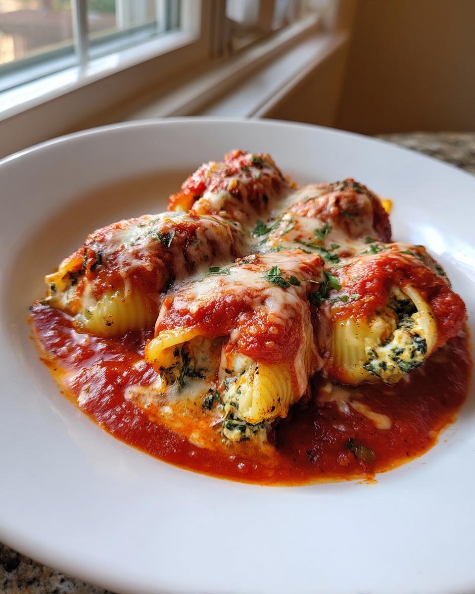 Four baked Turkey And Spinach Stuffed Shells covered in marinara sauce and melted mozzarella cheese.